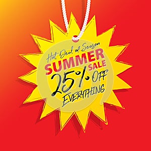 Summer Sale V10 25 percent off promotion website banner heading design on price tag yellow sun shape vector for banner or poster
