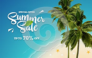 Summer sale vacation banner with tropical beach view background