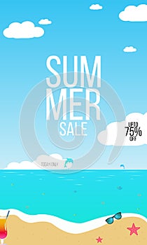 Summer sale vector background with a beach, sea waves, tropical leaves, fruits, text. Advertising banner