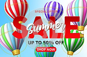 Summer sale vector banner background. Summer sale 50% off text with 3d colorful hot air balloon and blue sky design for seasonal.