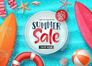 Summer sale vector banner design with colorful beach elements and sale text in white space and blue beach background