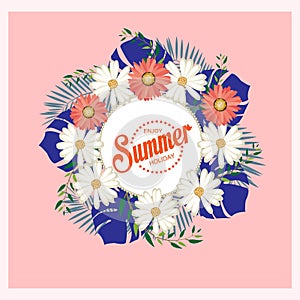 Summer sale vector banner design for promotion with colorful leaves and flower behind white circle in pink background. Vector illu