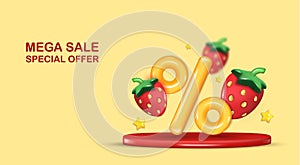 Summer sale vector banner design with strawberries. Summer sale in white empty space for text with discount for seasonal