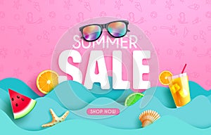 Summer sale vector banner design. Summer promo offer text with paper cut wave and beach elements in pattern background.
