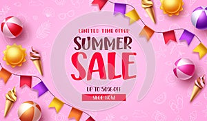 Summer sale vector banner design. Summer sale text in pink space with tropical season