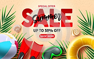 Summer sale vector banner design. Summer sale text up to 50% off special offer of beach elements like floater, flippers, goggles.