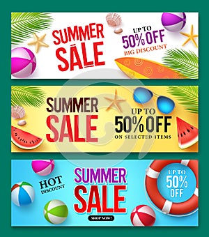 Summer sale vector banner set with 50% off discount text and summer elements