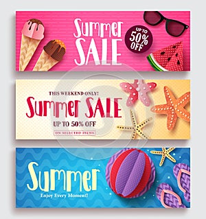 Summer sale vector banner set with colorful pattern background