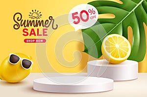 Summer sale vector banner. Summer podium stage with lemon and leaves elements