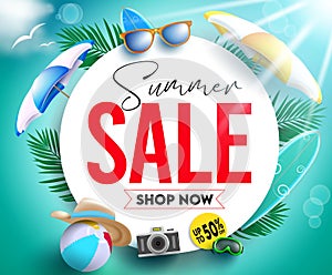 Summer sale vector banner template. Summer sale shop now text for tropical season discount promo up to 50% off price offer.