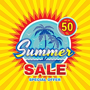 Summer sale - vector concept banner illustration in flat style. Special offer creative badge layout with palms, sea wave, sun.