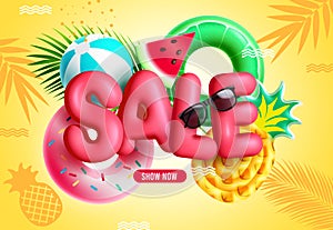 Summer sale vector design. Summer sale 3d text for holidays season promo with beach elements in background.