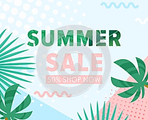 Summer sale vector illustration, cartoon flat floral banner with jungle palm tree leaf and tropical green garden leaves