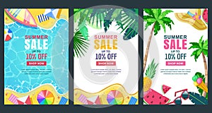 Summer sale vector poster, banner template. Season backgrounds. Tropical frame with sand beach, water, leaves and fruits