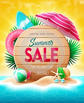 Summer sale vector poster design. Summer sale text in foliage circle with limited time price discount offer up to 50% off.