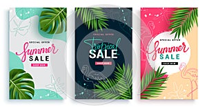 Summer sale vector poster set design. Summer sale special offer text with flamingo and leaves