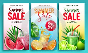 Summer sale vector poster set. Summer sale text in limited time offer with tropical season fruits and drinks for seasonal holiday