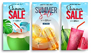 Summer sale vector poster set. Summer sale text in limited time offer with tropical season fruits and drinks for seasonal holiday