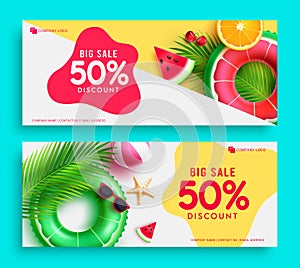 Summer sale vector set banner design. Summer big discount sale text 50% off flyers promotion collection.