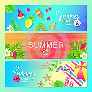 Summer sale. Vector set horizontal banners with summer elements. Backgrounds for posters, email and newsletter designs, ads, coupo