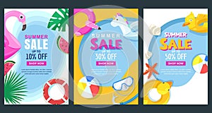 Summer sale vertical banner or poster set. Vector illustration of pool with float rubber toys. Holiday background