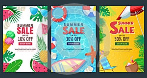 Summer sale vertical banner set. Vector season poster template. Tropical backgrounds.