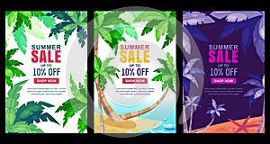 Summer sale vertical banner set. Vector season poster template. Tropical backgrounds with green palm leaves frame