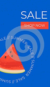Summer sale vertical banner , template for social media, ads. Vector Summer sale banner in modern design with watermelon slices.