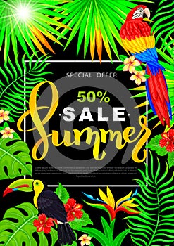 Summer sale vertical poster with parrot toucan tropical flowers