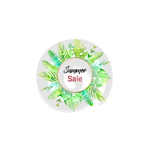 Summer sale watercolor golden frame palm leaf and exotic flower desing template. Floral flayer or discount voucher template. Trend