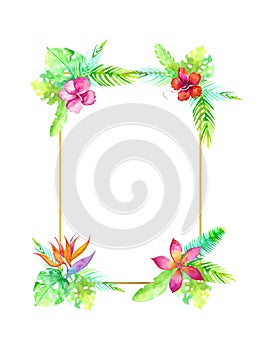 Summer sale watercolor golden frame palm leaf and exotic flower desing template. Floral flayer or discount voucher template. Trend