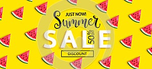 Summer Sale watermelon banner on yellow background