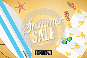 Summer sale web banner. Surfboard on the beach, sunglasses, towel and flip flops. Set of summer things and accessories for outdoor