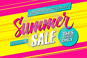 Summer Sale. This weekend special offer banner, discount 50% off. End of season.