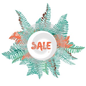 Summer sale in white circle. Tropic leaves round frame.