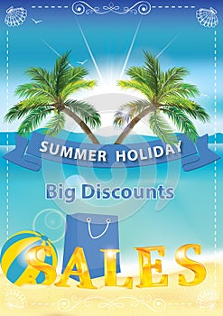 Summer Sales Background with seaside and palm trees.