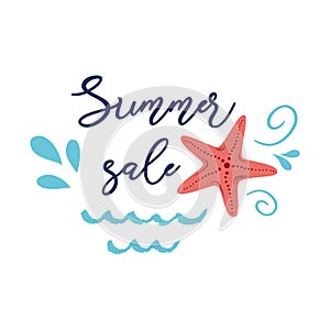 Summer sales banner hand drawn letterig element, text sea sta Discount card