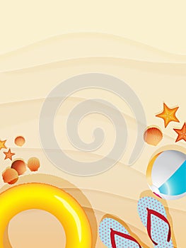Summer sand beach scene background decorated with inflatable swimming ring, sandals and beachball