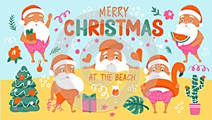 Summer Santa characters. Tropical Christmas and Happy New Year in a warm climate collection.