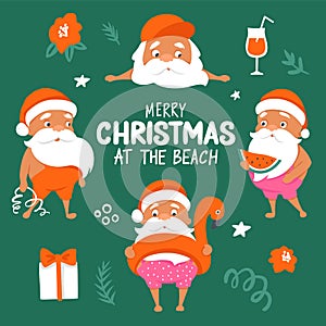 Summer Santa characters. Tropical Christmas and Happy New Year in a warm climate collection.