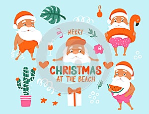 Summer Santa characters. Tropical Christmas and Happy New Year in a warm climate collection.