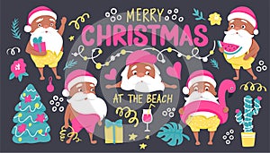 Summer Santa characters. Tropical Christmas and Happy New Year in a warm climate collection.