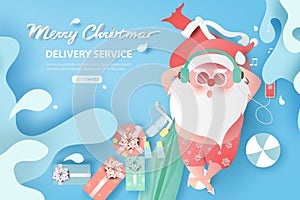 Summer Santa Claus Christmas day July concept.Delivery service cute cartoon character for Xmas design on splash water background.