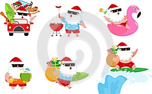 Summer Santa Claus In Different Poses. Vector Flat Design Collection Set
