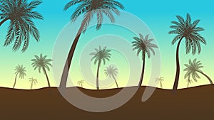 Silhouette coconut palm trees on beach at sunset. Vintage tone. Vector of Palm Trees on and Island at Sunset