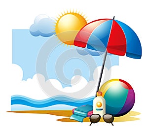 Summer scene with ball and umbrella on beach