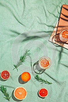 Summer scene with fruits,rosemary, glass of water and books on pastel green beach towel. Drinks and refreshment concept. Sunlit