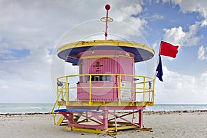 Summer scene with a lifeguard house in Miami Beach