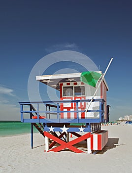 Summer scene with a lifeguard house in Miami Beach