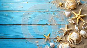 Summer scene with sand, shells and a starfish on an old blue wooden floor with copyspace